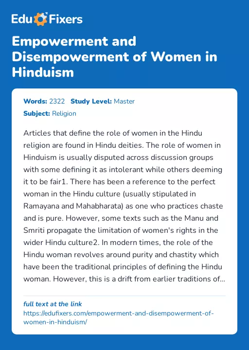 Empowerment and Disempowerment of Women in Hinduism - Essay Preview