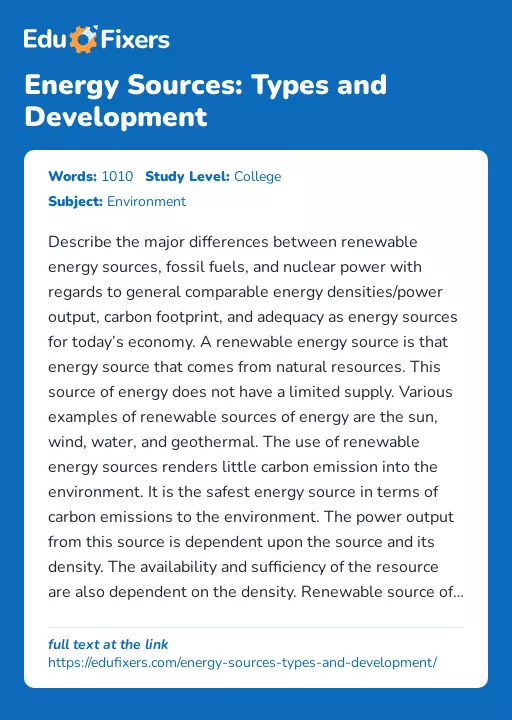 Energy Sources: Types and Development - Essay Preview