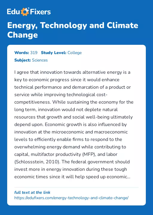 Energy, Technology and Climate Change - Essay Preview