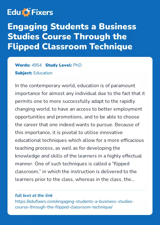 Engaging Students a Business Studies Course Through the Flipped Classroom Technique - Essay Preview