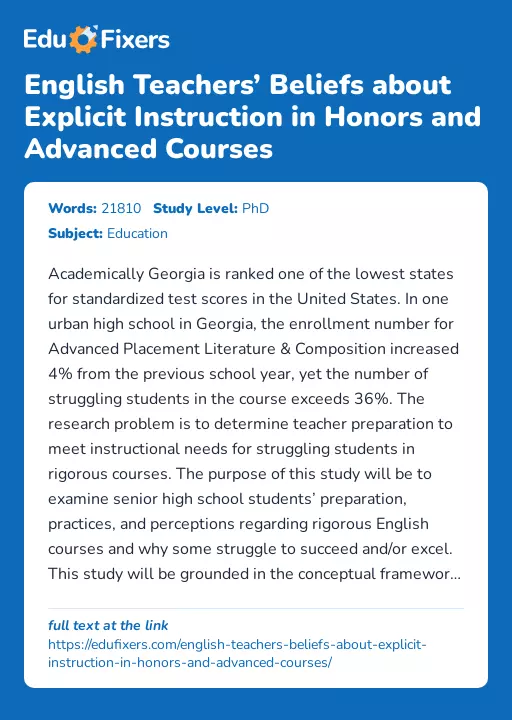 English Teachers’ Beliefs about Explicit Instruction in Honors and Advanced Courses - Essay Preview