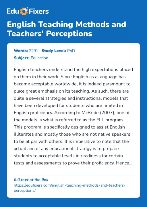 English Teaching Methods and Teachers’ Perceptions - Essay Preview