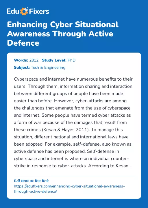 Enhancing Cyber Situational Awareness Through Active Defence - Essay Preview