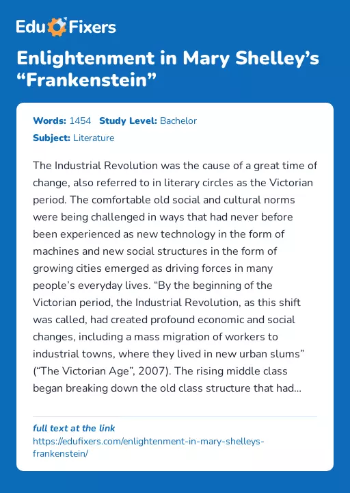 Enlightenment in Mary Shelley’s “Frankenstein” - Essay Preview