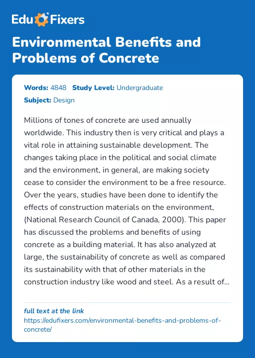 Environmental Benefits and Problems of Concrete - Essay Preview