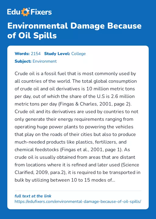 Environmental Damage Because of Oil Spills - Essay Preview