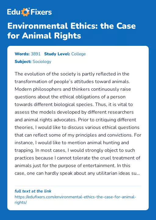 Environmental Ethics: the Case for Animal Rights - Essay Preview