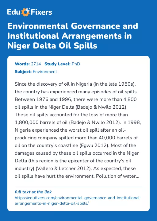 Environmental Governance and Institutional Arrangements in Niger Delta Oil Spills - Essay Preview