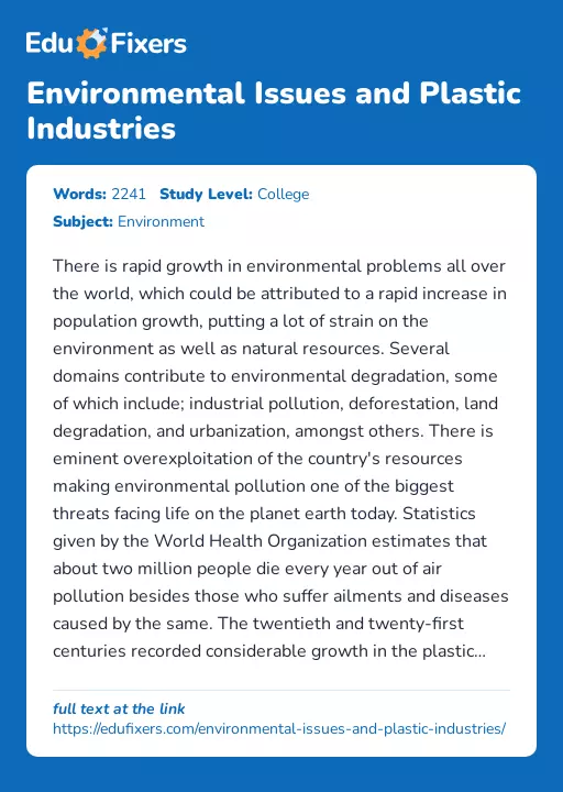 Environmental Issues and Plastic Industries - Essay Preview
