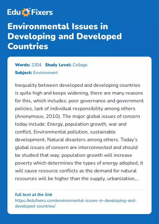 Environmental Issues in Developing and Developed Countries - Essay Preview