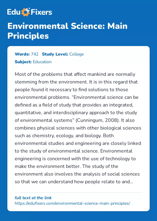 Environmental Science: Main Principles - Essay Preview