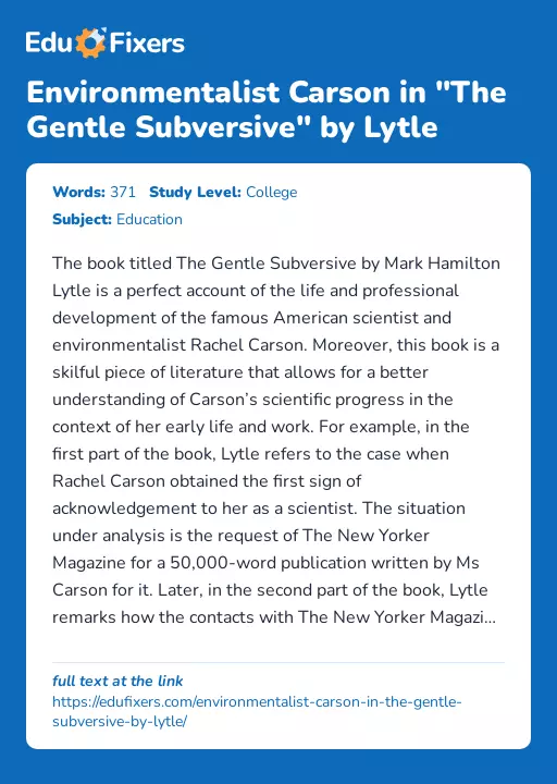 Environmentalist Carson in "The Gentle Subversive" by Lytle - Essay Preview