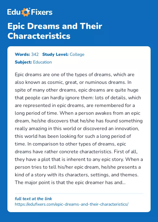 Epic Dreams and Their Characteristics - Essay Preview