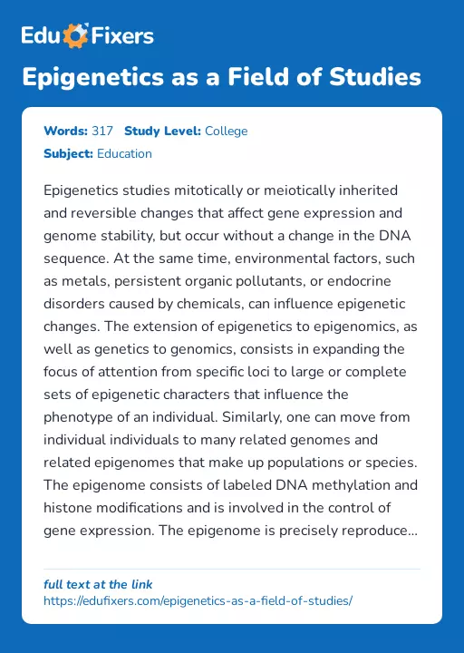 Epigenetics as a Field of Studies - Essay Preview