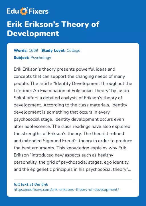 Erik Erikson’s Theory of Development - Essay Preview