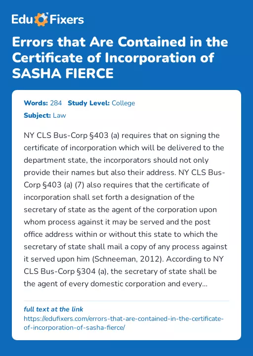 Errors that Are Contained in the Certificate of Incorporation of SASHA FIERCE - Essay Preview