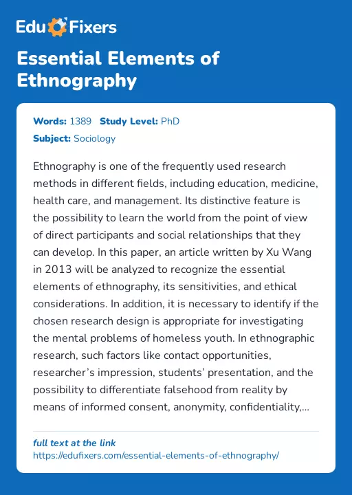 Essential Elements of Ethnography - Essay Preview