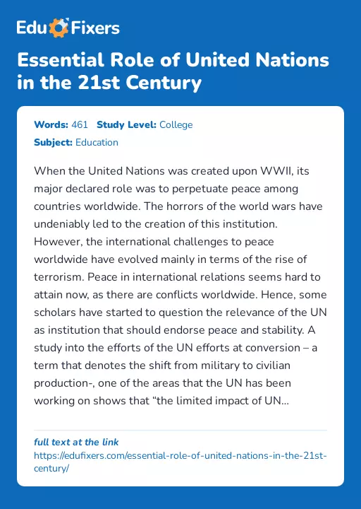 Essential Role of United Nations in the 21st Century - Essay Preview
