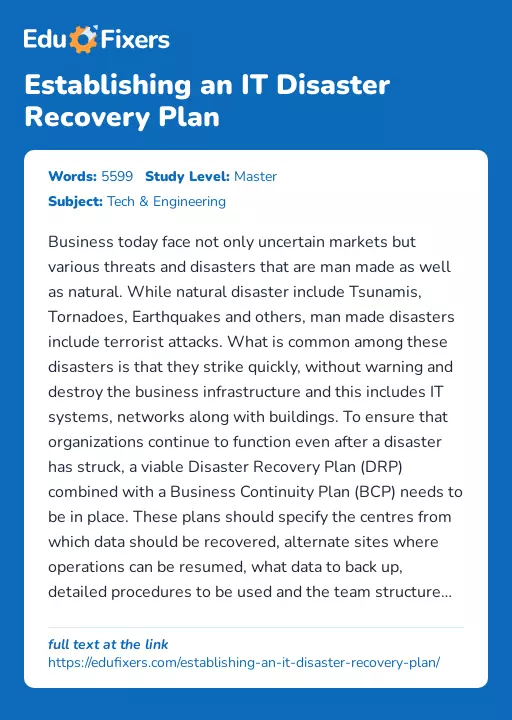 Establishing an IT Disaster Recovery Plan - Essay Preview
