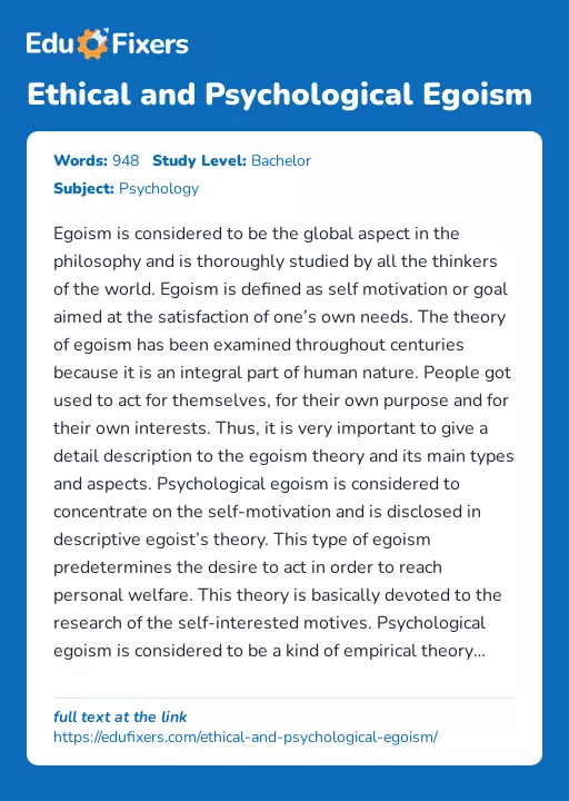 Ethical and Psychological Egoism - Essay Preview