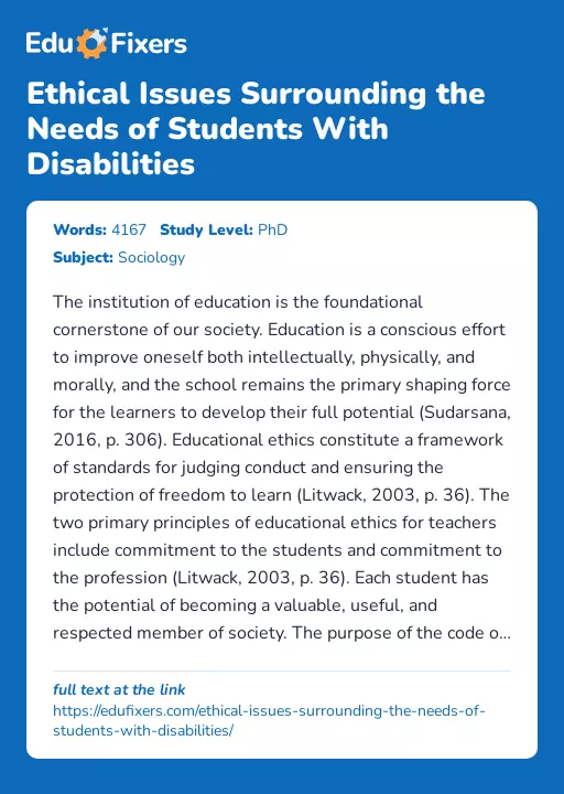 Ethical Issues Surrounding the Needs of Students With Disabilities - Essay Preview