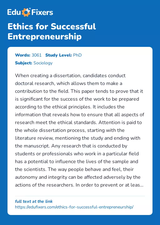 Ethics for Successful Entrepreneurship - Essay Preview