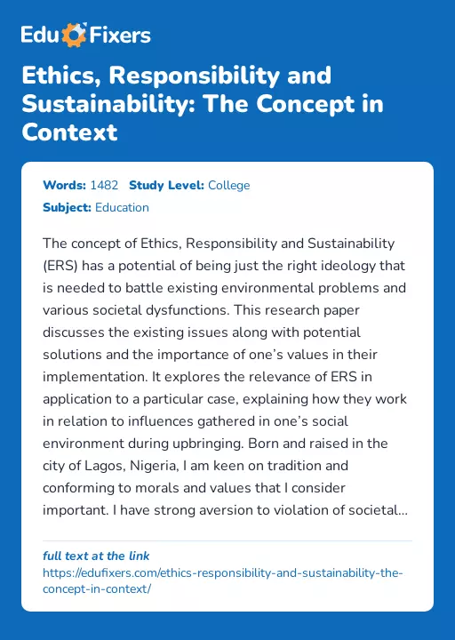 Ethics, Responsibility and Sustainability: The Concept in Context - Essay Preview