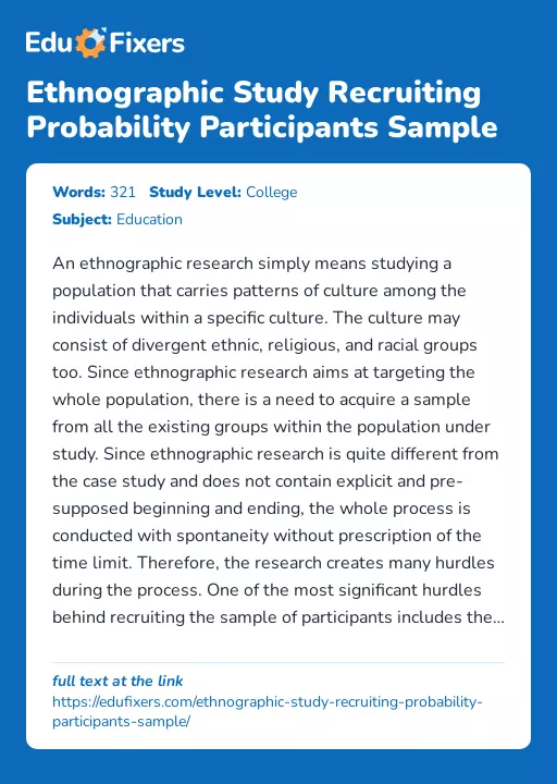 Ethnographic Study Recruiting Probability Participants Sample - Essay Preview