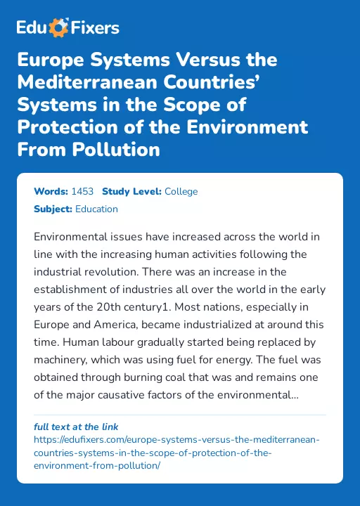 Europe Systems Versus the Mediterranean Countries’ Systems in the Scope of Protection of the Environment From Pollution - Essay Preview