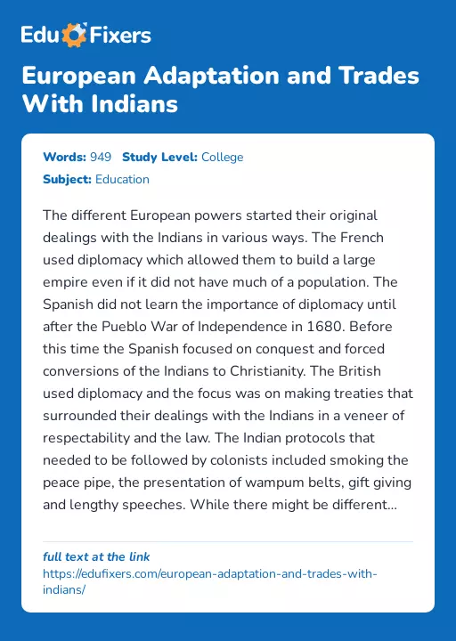 European Adaptation and Trades With Indians - Essay Preview