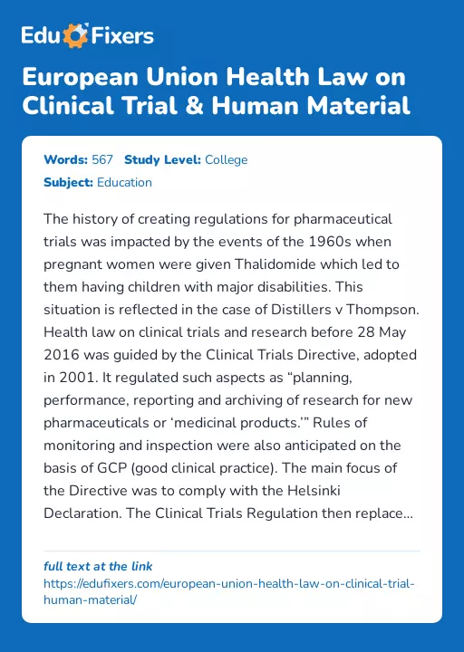 European Union Health Law on Clinical Trial & Human Material - Essay Preview