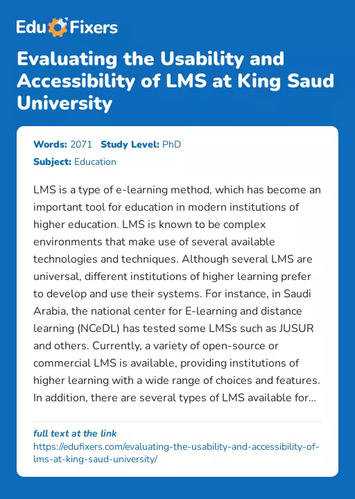 Evaluating the Usability and Accessibility of LMS at King Saud University - Essay Preview