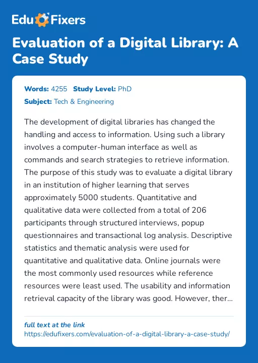 Evaluation of a Digital Library: A Case Study - Essay Preview