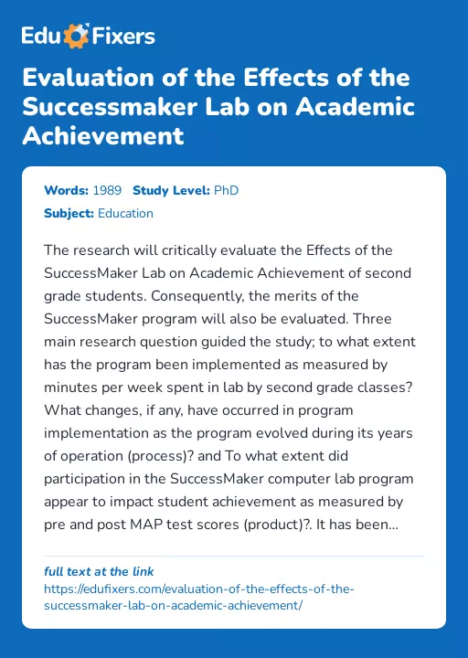 Evaluation of the Effects of the Successmaker Lab on Academic Achievement - Essay Preview