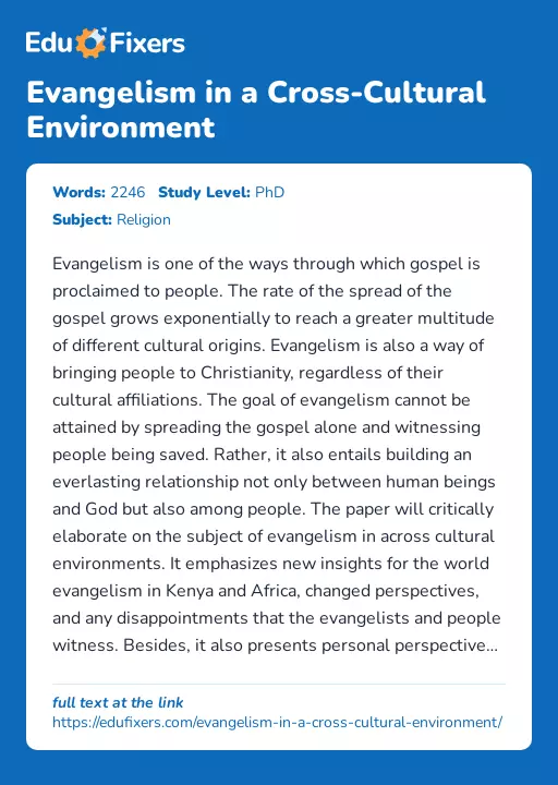 Evangelism in a Cross-Cultural Environment - Essay Preview