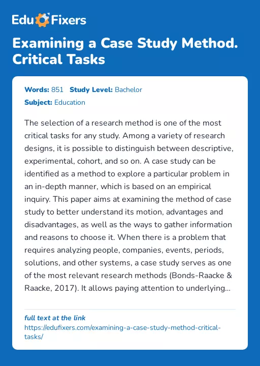 Examining a Case Study Method. Critical Tasks - Essay Preview