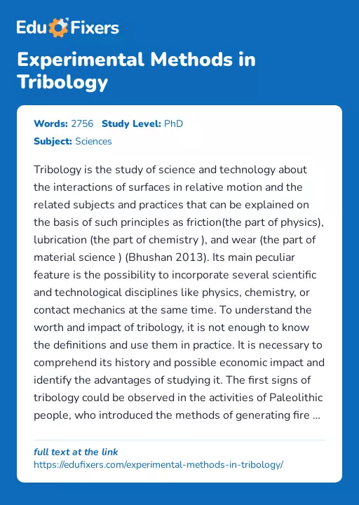 Experimental Methods in Tribology - Essay Preview