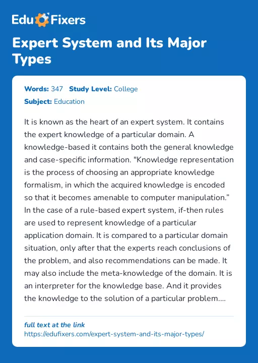 Expert System and Its Major Types - Essay Preview