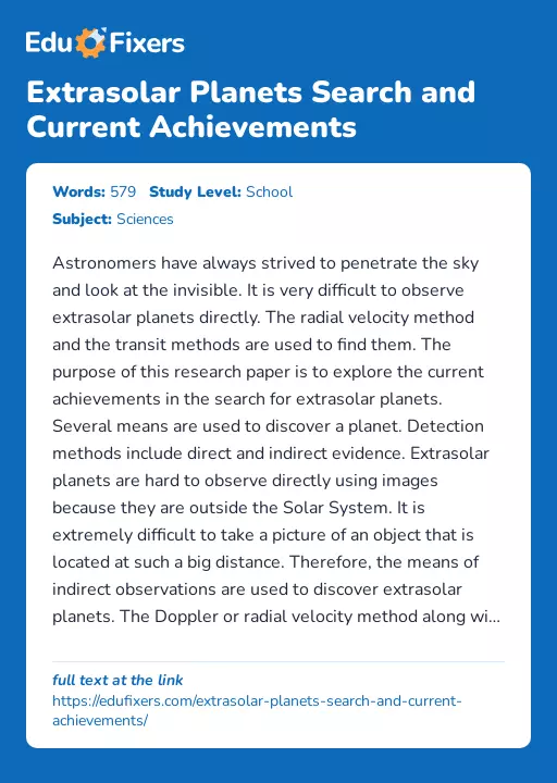 Extrasolar Planets Search and Current Achievements - Essay Preview