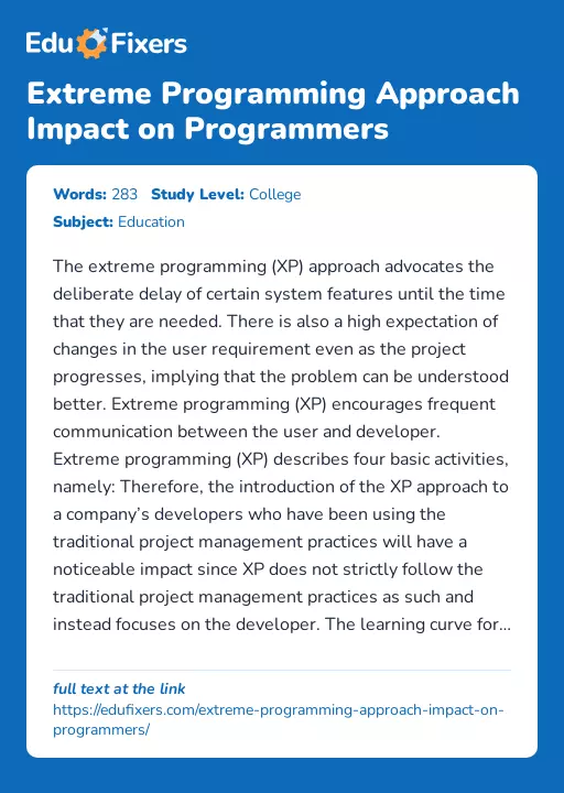 Extreme Programming Approach Impact on Programmers - Essay Preview
