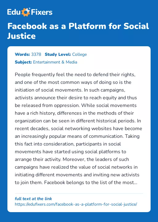 Facebook as a Platform for Social Justice - Essay Preview