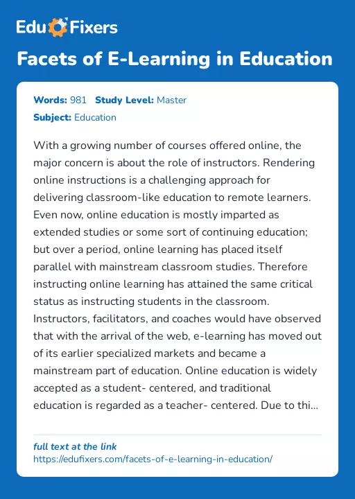 Facets of E-Learning in Education - Essay Preview