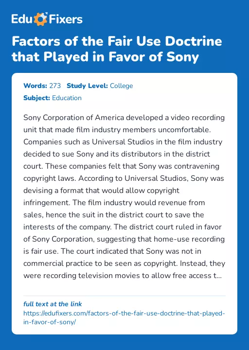 Factors of the Fair Use Doctrine that Played in Favor of Sony - Essay Preview