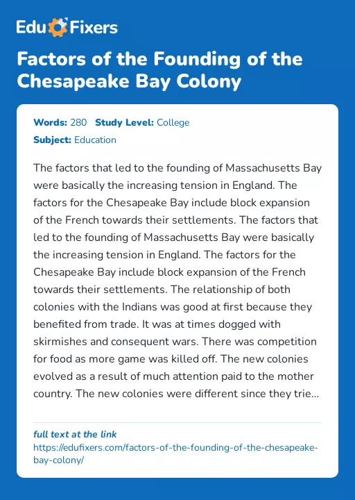 Factors of the Founding of the Chesapeake Bay Colony - Essay Preview