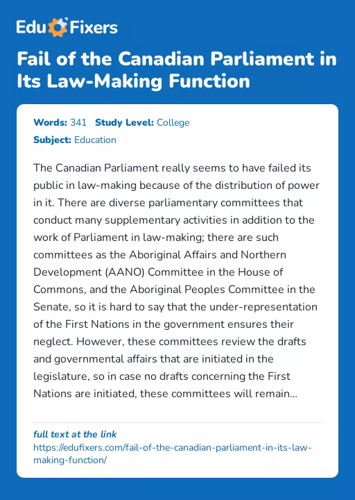 Fail of the Canadian Parliament in Its Law-Making Function - Essay Preview
