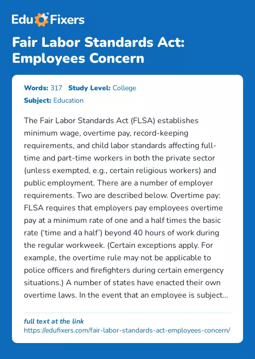 Fair Labor Standards Act: Employees Concern - Essay Preview