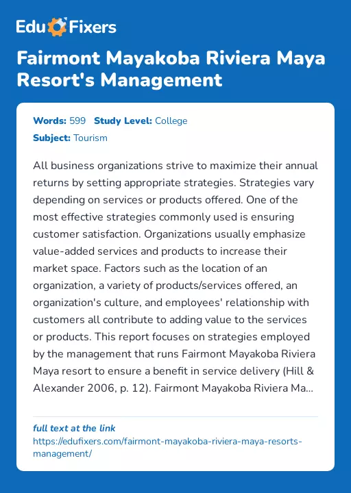 Fairmont Mayakoba Riviera Maya Resort's Management - Essay Preview