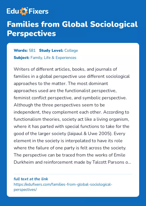 Families from Global Sociological Perspectives - Essay Preview