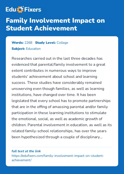 Family Involvement Impact on Student Achievement - Essay Preview