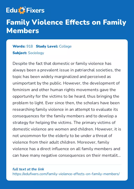 Family Violence Effects on Family Members - Essay Preview